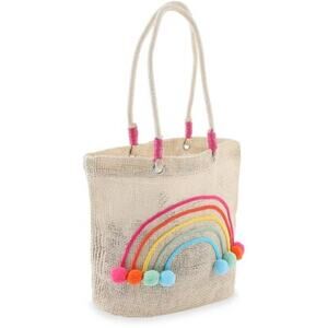 Capelli Straw Bag Rainbow Pom Pom Beach Tote NWT Pastel Jute Top Handle Travel